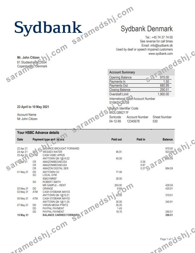 Denmark Sydbank statement